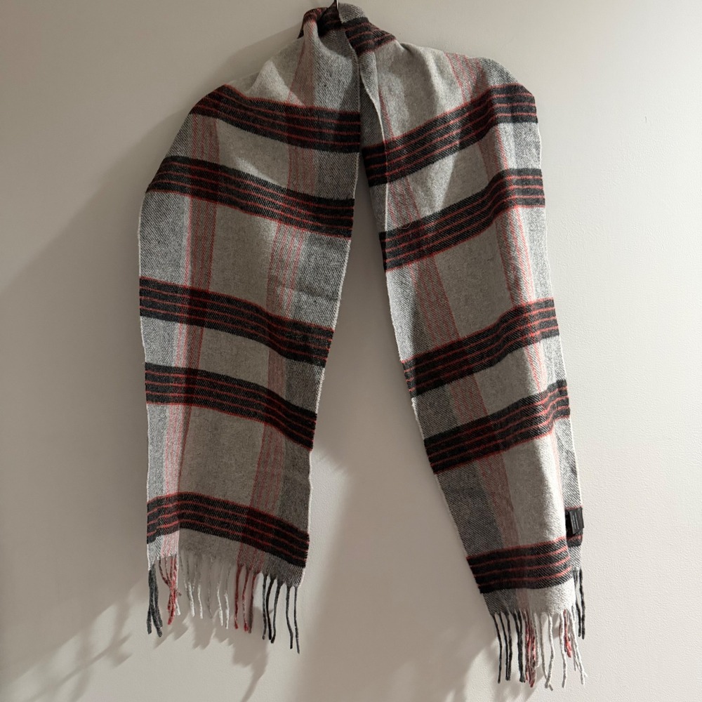 Italian Lambswool Scarf Unisex OS Grey Red Plaid Good Fringed Made in Italy
